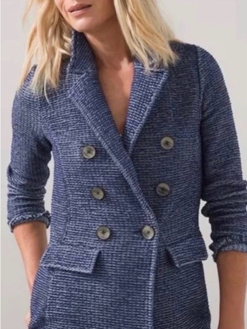 Chico's Double-Breasted Textured Knit Blazer in Blue Fringe detail